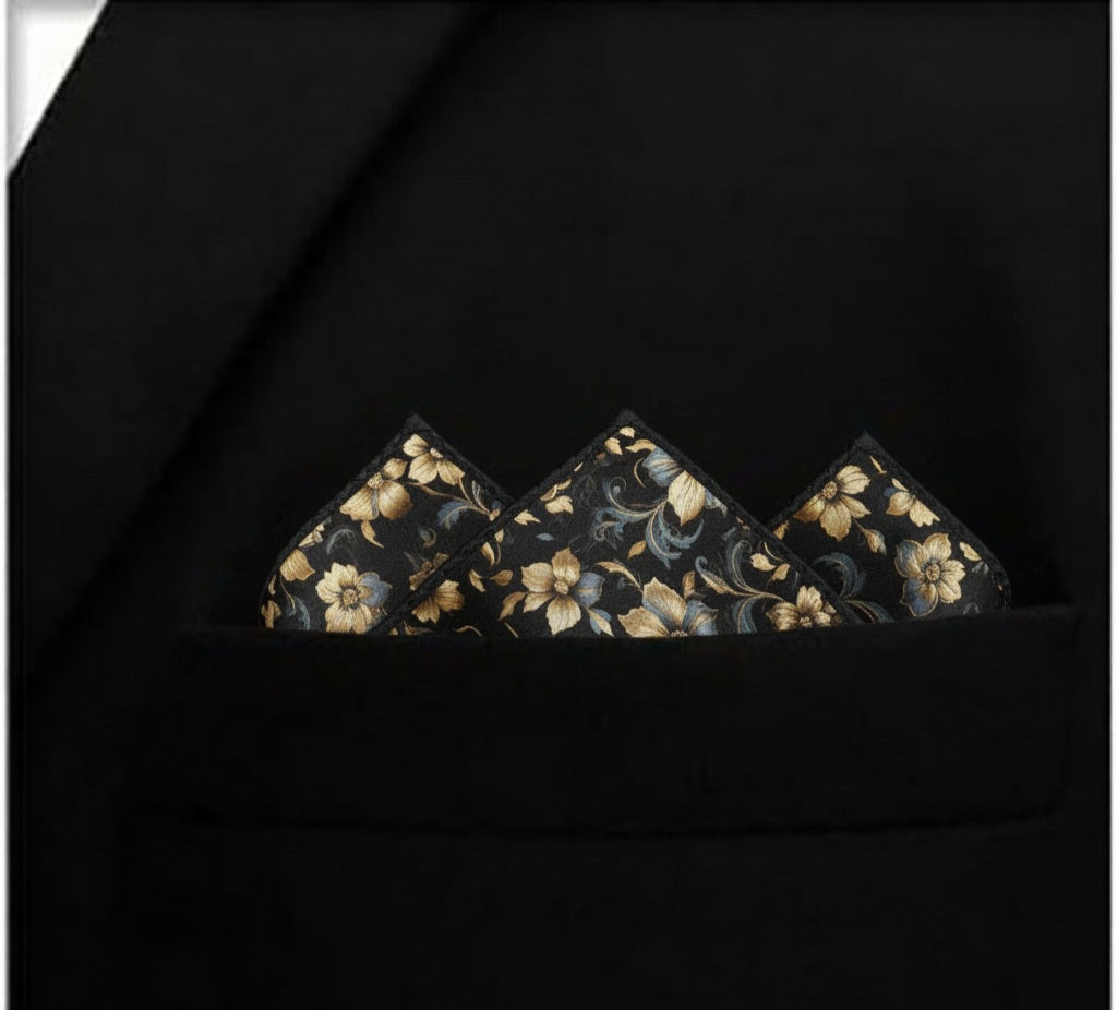 Black Floral Silk Pocket Square
