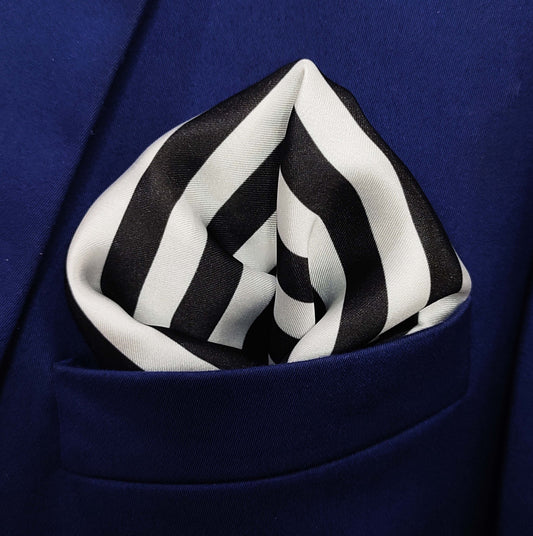 Black and White Lined Silk Pocket Square
