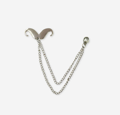 Silver Mustache with chain Lapel Pin