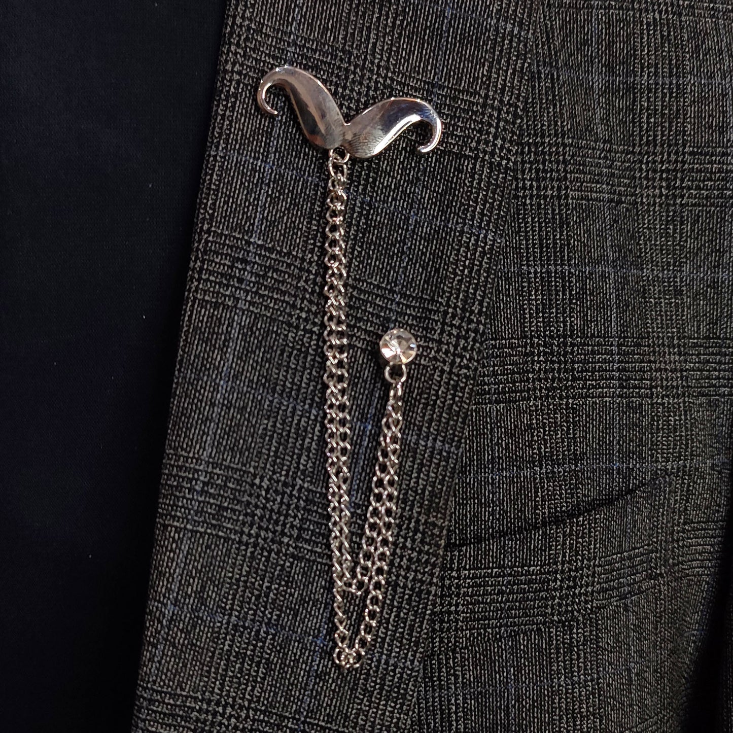 Silver Mustache with chain Lapel Pin