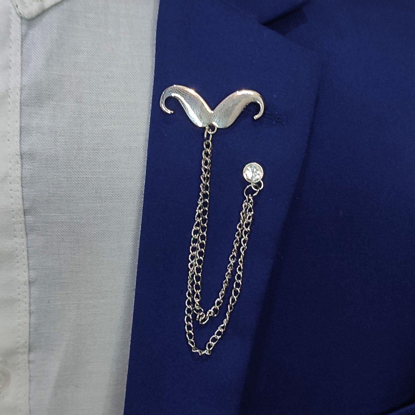 Silver Mustache with chain Lapel Pin