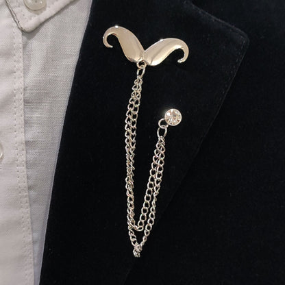 Silver Mustache with chain Lapel Pin