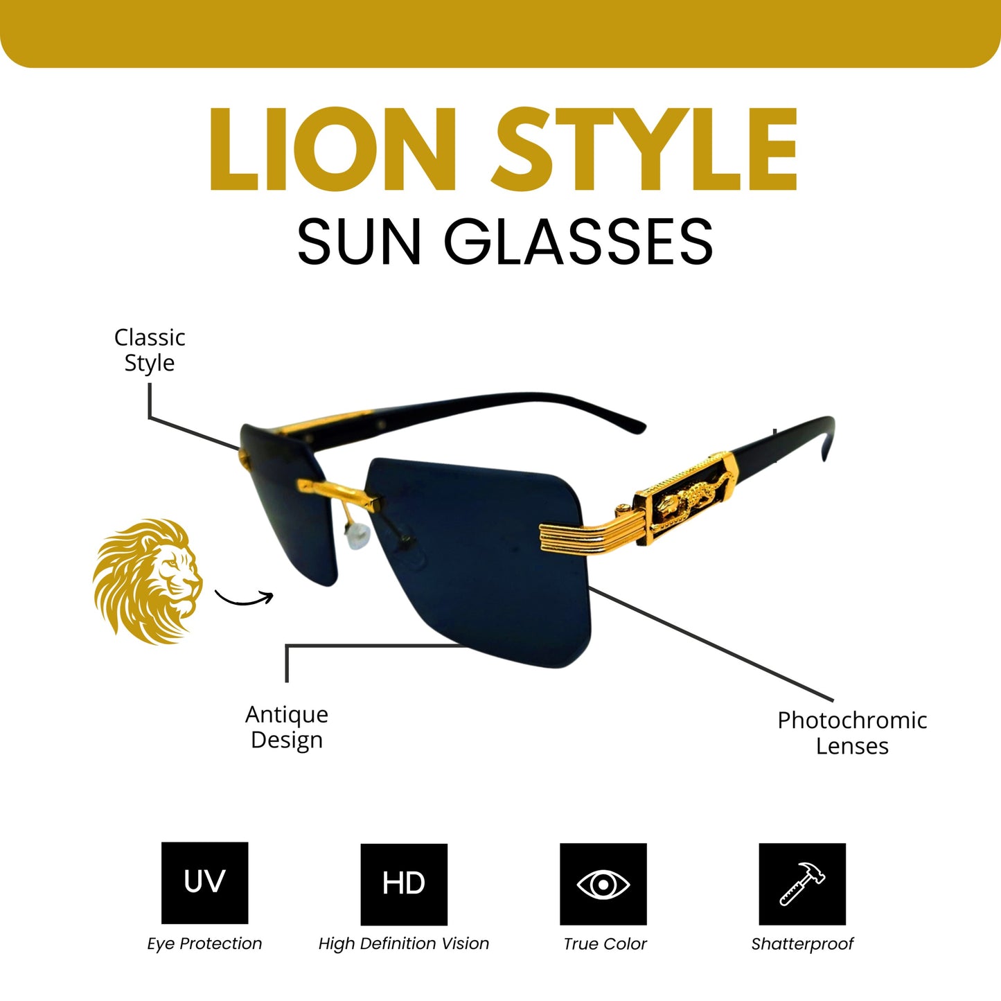 Durable Metal Frame Glasses - Lion Style
